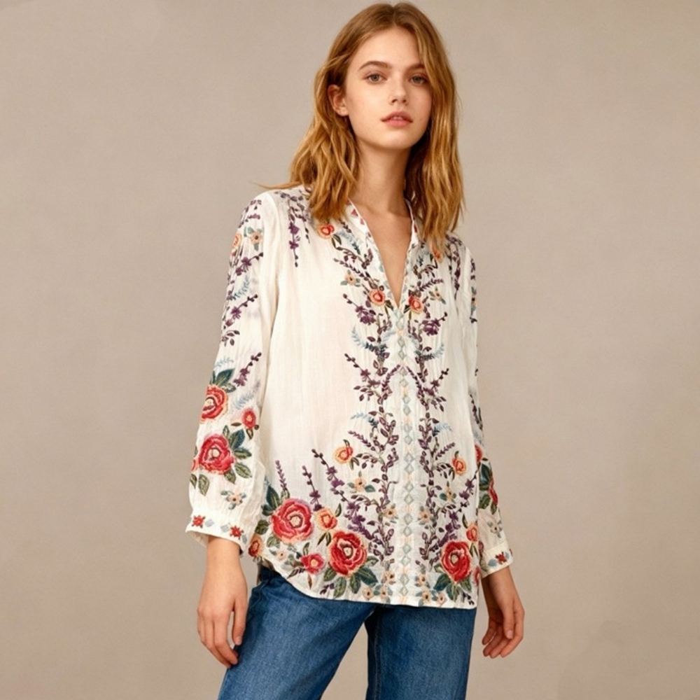JOHNNY WAS Yasamine Embroidered Floral Tunic Top White Multi Medium